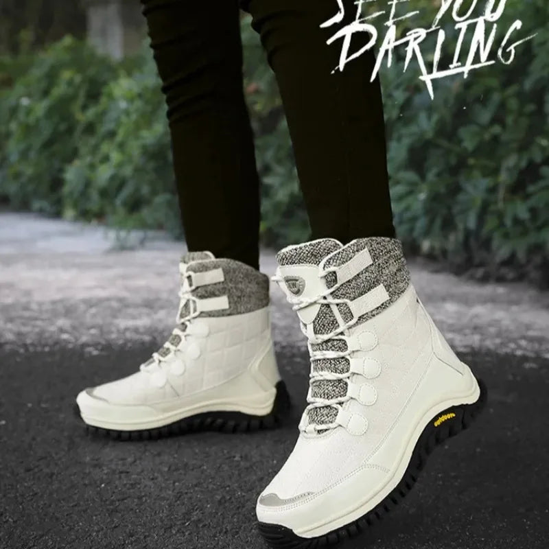 Hiking Shoes for Women High Quality Ankle Snow Boots Length Cotton  Winter Outdoor Fur Plush Warm Walking Shoe Solid Color
